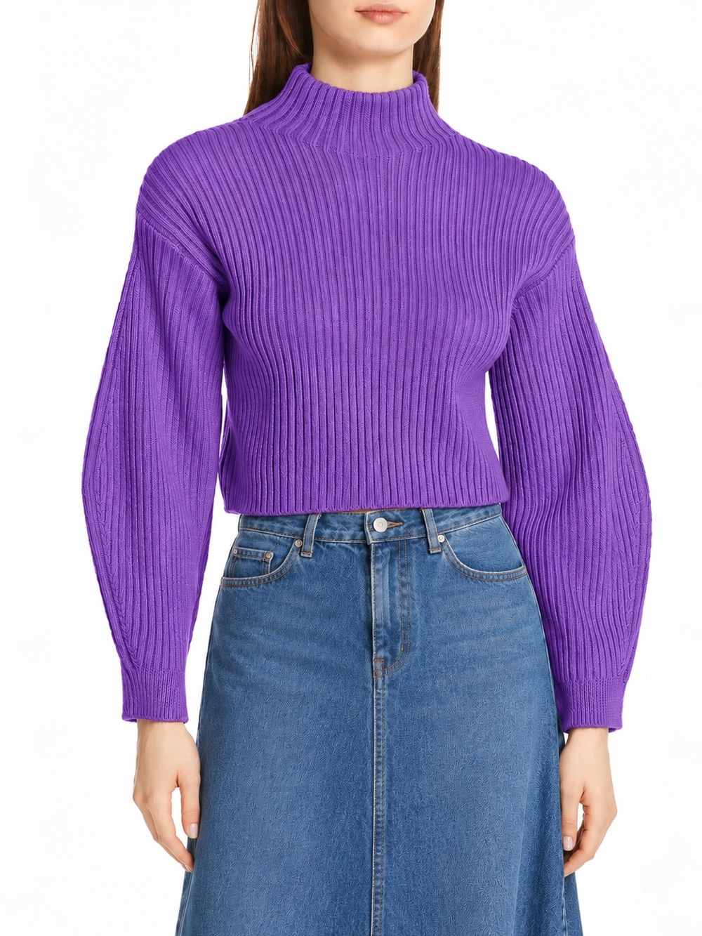 Tibi Structured Merino Wool Ribbed Cropped Turtleneck Sweater Purple Estimated M
